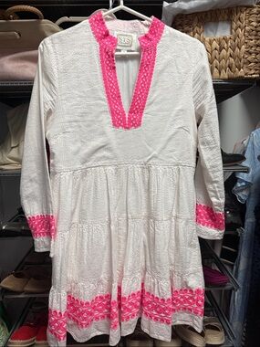 Sail to Sable White and Beige stripe Long-Sleeve Dress with Hot Pink Trim
